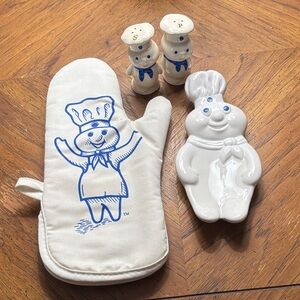 Pillsbury Doughboy Kitchen Set - Oven Mitt, Spoon Rest, Salt & Pepper Shaker